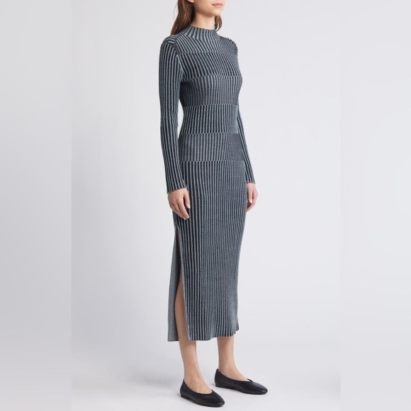 COS Ribbed Knit Black Gray Mockneck Long Sleeve Maxi Slit Dress XS Capsule EUC - Picture 6 of 16